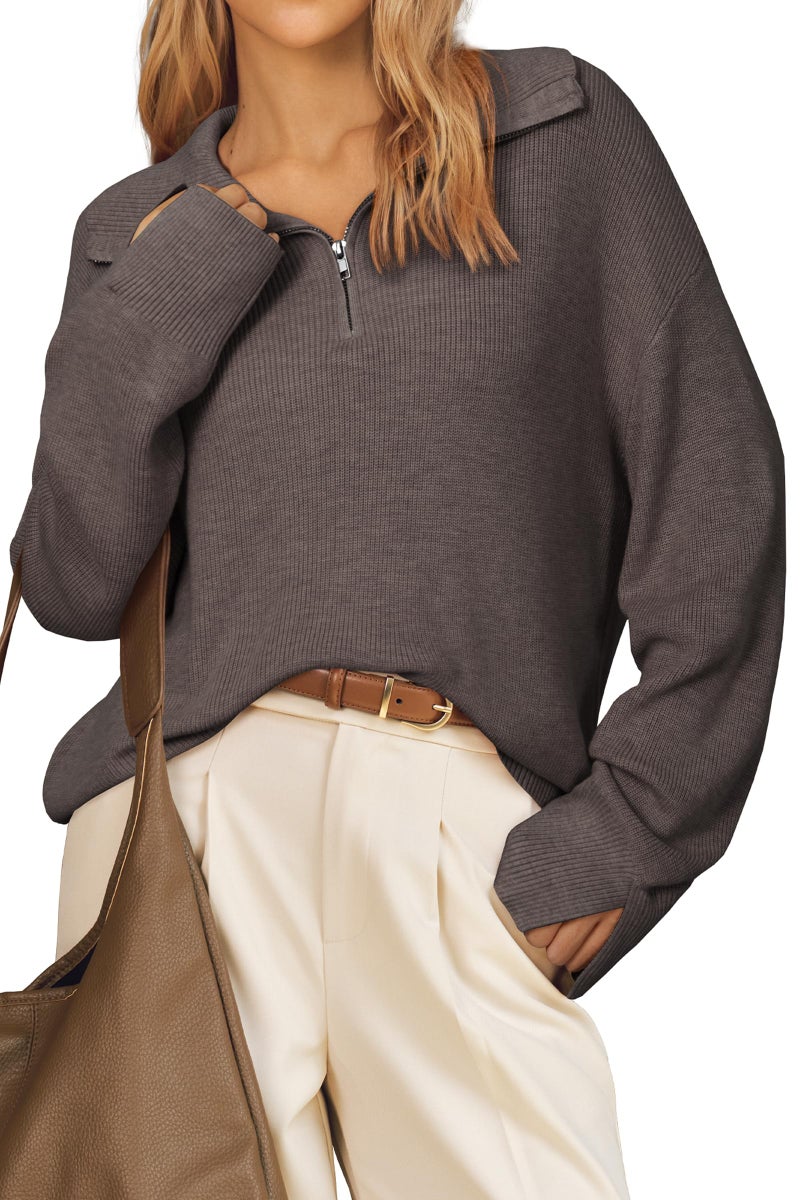 Arach&Cloz Women Sweater 2026 Wool Blend Spring Fashion Clothes Oversized Pullover Winter Clothing Quarter Half Zip Lapel V Neck Long Sleeve Dressy Tops Business Casual Trendy Outfits Coffee M - Image 1