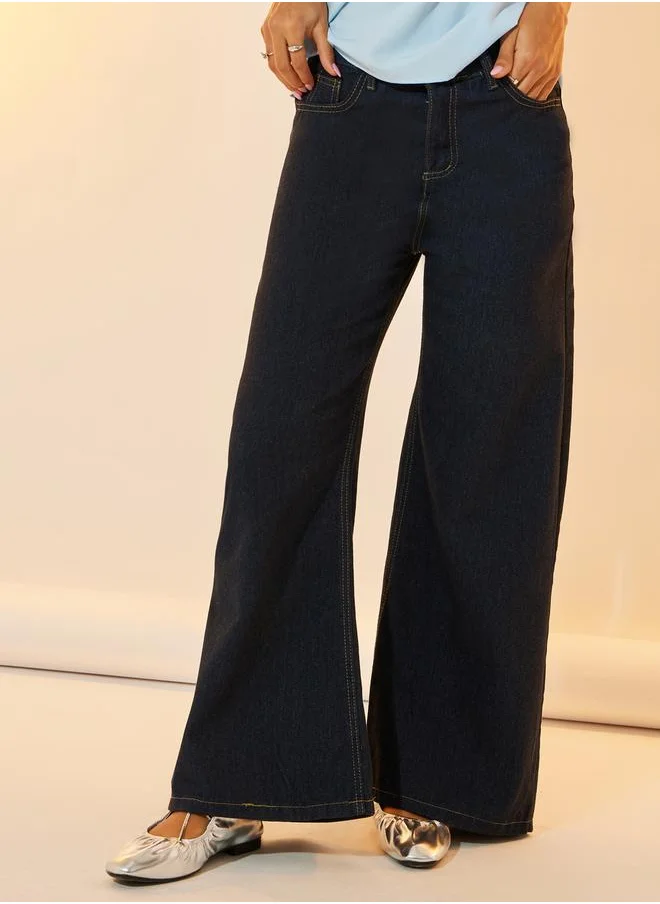 تايك تو Mid Rise Wide Leg Jeans with Pockets