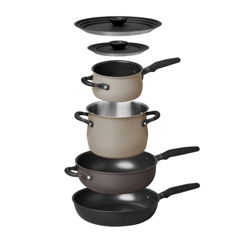 MEYER Meyer 6pc Stackable Set with Universal Lids  Hard Anodized Non Stick and Stainless Steel Pots and Pans  Induction Compatible  Dishwasher Safe  Oven Safe  Black  Gray  Accent Series Cookware 