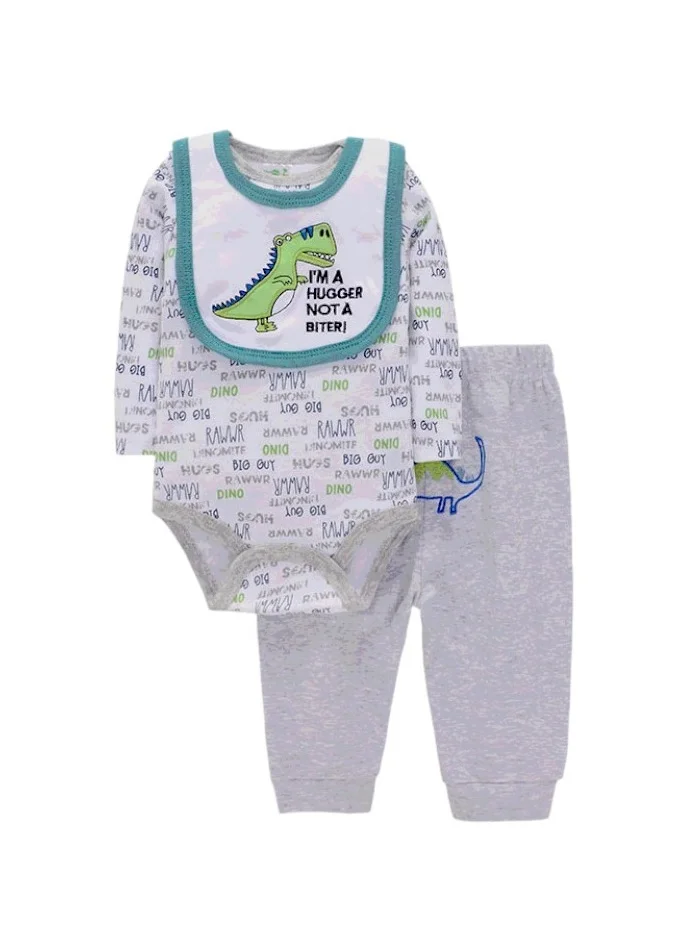 بمبىمىشى Bambimici Dinosaur Print Long Sleeve Bodysuit with Pyjama - Grey
