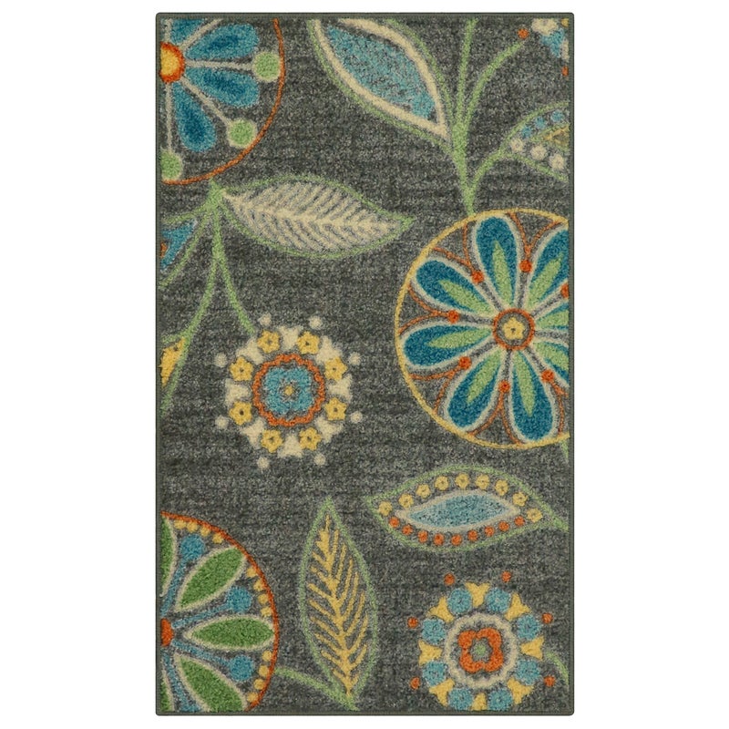 Maples Rugs Reggie Floral Kitchen Rug  Made in USA  Washable Non Slip Indoor Carpet for Entryway Foyer Kitchen and Bathroom 18 x 210 Dark Grey