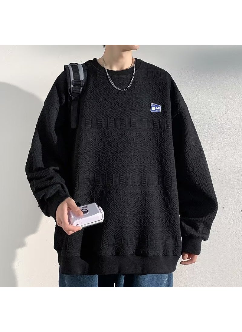 Generic - Men Fashion Brand No-hat Round-neck Base Shirt Oversize High-street American Retro Coat Casual Cotton Polyester Fabric Black - Image 1
