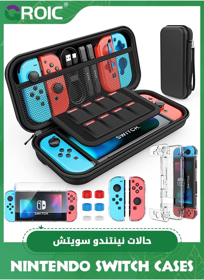 GROIC Black Case Compatible with Nintendo Switch OLED, Switch OLED Case Transparent Dockable, Nintendo Switch OLED Accessory Bundle with Case, Protective Film, Case for Joy-Con, Joystick Cap  - Image 1