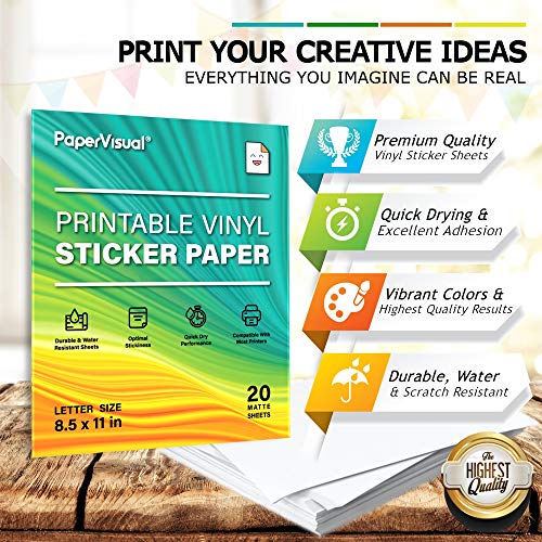 PAPERVISUAL Premium Printable Vinyl Sticker Paper for Inkjet and Laser Printer - 70 White Matte Sticker Paper Waterproof - Excellent Adhesion Paper 8.5 x 11, Fast Dry, Holds Ink Well, Great for Cutting Machines - Image 4