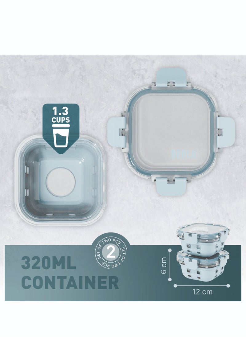 BEOLA Set of 2 Glass Food Storage Containers with Airtight Lids and Silicone Protection, Leakproof Food Organizer, Freezer, Dishwasher, Microwave Safe, Kitchen Organizer for Food (320ml, Ice Blue)  - Image 3