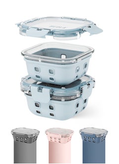 BEOLA Set of 2 Glass Food Storage Containers with Airtight Lids and Silicone Protection, Leakproof Food Organizer, Freezer, Dishwasher, Microwave Safe, Kitchen Organizer for Food (320ml, Ice Blue)  - Image 1