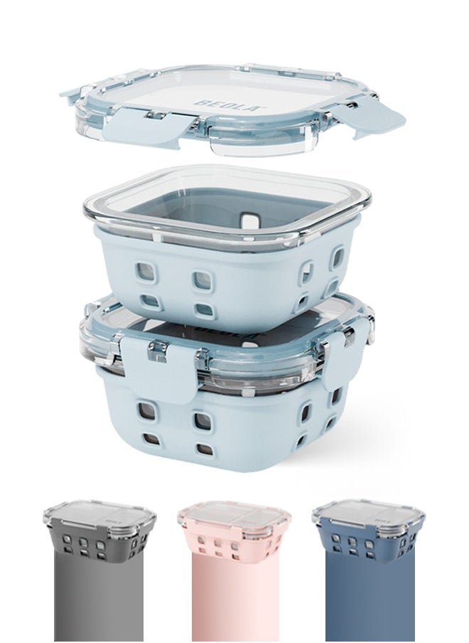 BEOLA Set of 2 Glass Food Storage Containers with Airtight Lids and Silicone Protection, Leakproof Food Organizer, Freezer, Dishwasher, Microwave Safe, Kitchen Organizer for Food (320ml, Ice Blue)  - Image 1
