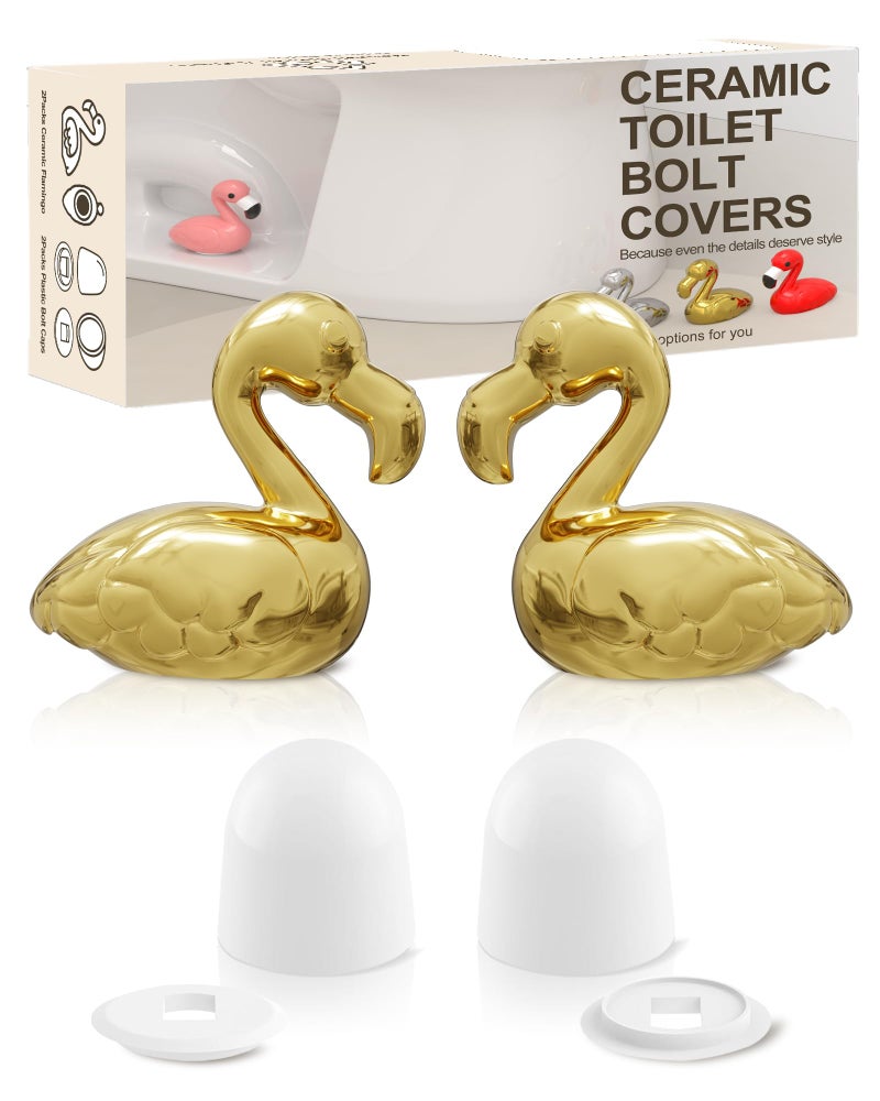 boeemi Flamingo Toilet Bolt Covers Decorative - 2PCs Cute Ceramic Toilet Bolt Caps for Bottom of Toilet, Gold Bathroom Decor Screw Covers, Flamingo-Gifts for Women - Image 1