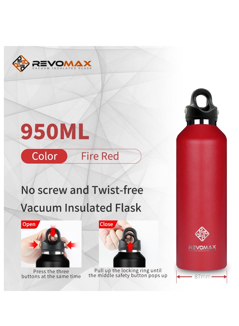 ريفو ماكس زجاجة ماء معزولة بتفريغ الهواء، مزدوجة الجدار، مطلية بالنحاس، ترمس حراري معزول، غطاء مقاوم للالتواء، من الفولاذ المقاوم للصدأ، خالية من BPA والفثالات، لا تترك بقعًا على النكهة، 950 مل/32 أونصة، لون أحمر ناري - Image 2