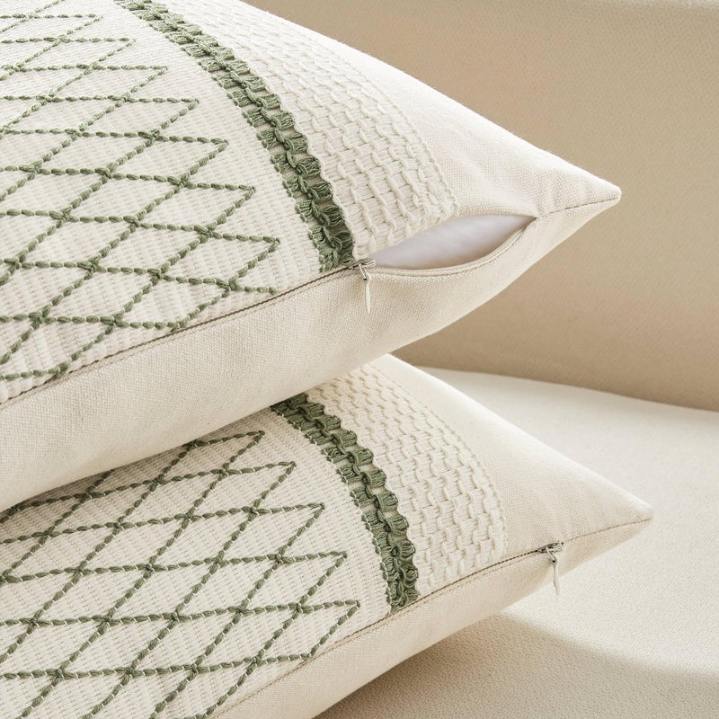 ZeeMart 2 Packs Cotton Boho Throw Pillow Covers 20x20 Inch Grid Green  Soft Farmhouse Decorative Couch Pillow Cases Sage Green Cushion Covers for Sofa Bed Living Room Home Decor - Image 3