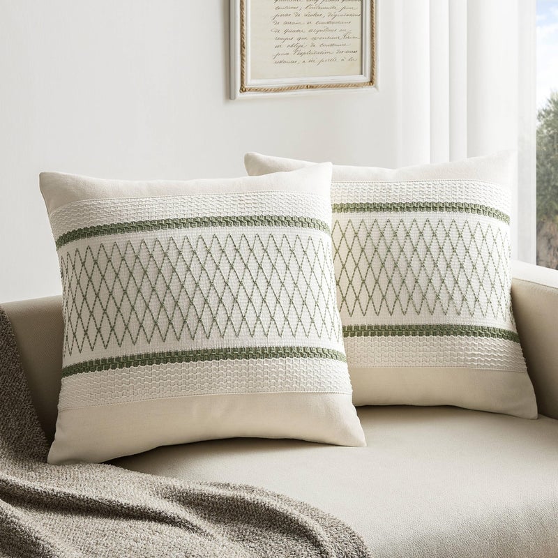 ZeeMart 2 Packs Cotton Boho Throw Pillow Covers 20x20 Inch Grid Green  Soft Farmhouse Decorative Couch Pillow Cases Sage Green Cushion Covers for Sofa Bed Living Room Home Decor - Image 1