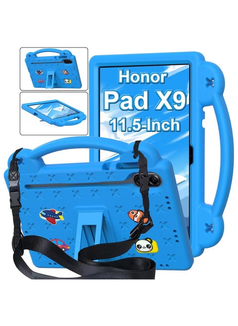 حافظة متوافقة مع Honor Pad X9 11.5 بوصة 2023، ملحقات DIY للأطفال، حافظة مقاومة للصدمات مع [حامل أقلام] [حزام الكتف] [حامل المقبض] (أزرق سماوي)