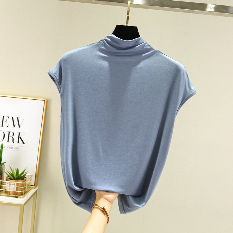 Modal Sleeveless T-shirt Spring and Autumn Interior Western Style Slimming Semi-high Collar Base Shirt Thin All-match Solid Color Top - Image 5