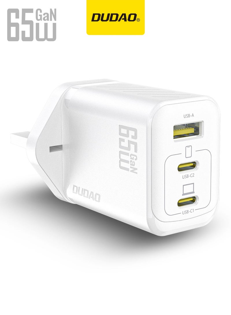 DUDAO 65W GaN 3-Port Super Fast Charger, Compact Laptop Charger Type C Wall Charger, USB + 2*Type-C Power Adapter, 9-Layer Safety Protection, Smart Temperature Control, Compatible with All Phone Models, Tablets, Laptops, Watches - Image 1