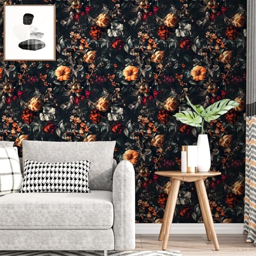 VOLEAAR Peel and Stick Wallpaper Thick Self Adhesive Vinyl Roll Removable Waterproof Contact Paper for Bedroom Bathroom Cabinet Accent Wall Dark Moody Floral Botanical Decor Black Orange 175 x 118 - Image 3