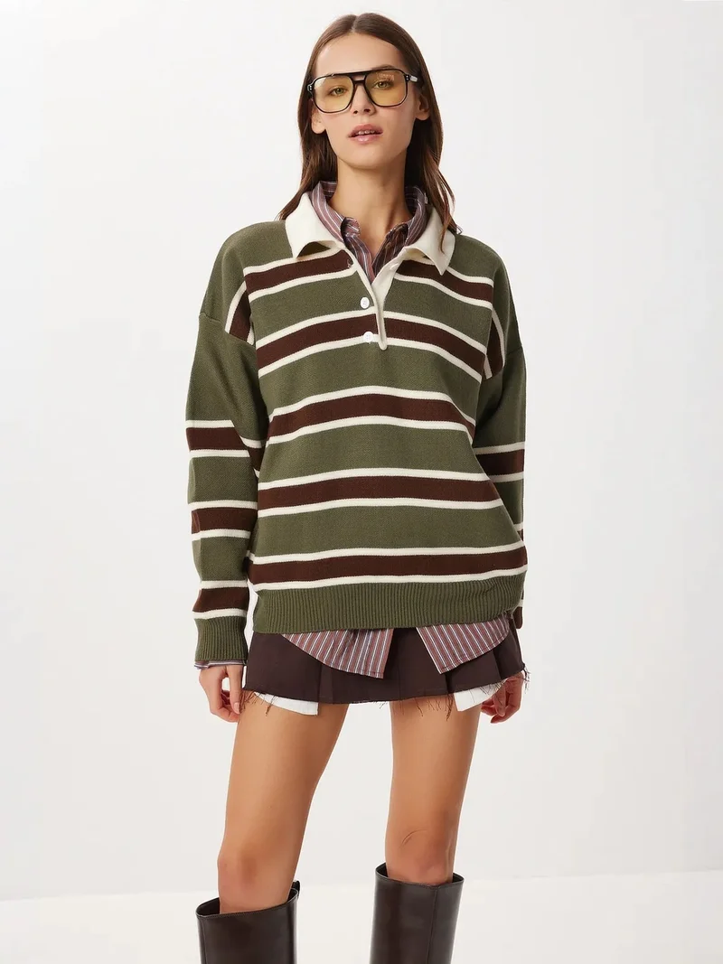 Lovely Istanbul ISTANBUL Striped Polo Collar Knit Sweater