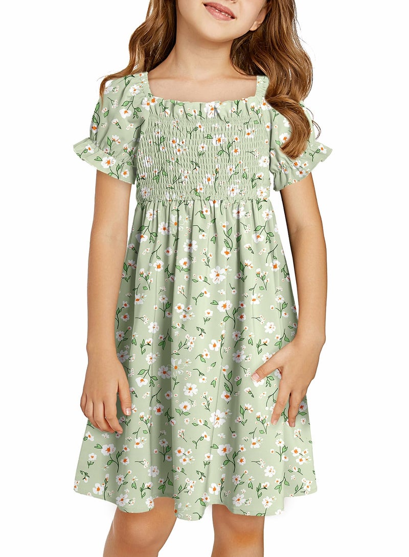 blibean Girls Summer Dresses Tween Kids Boho Clothes Floral Dress Casual Flower Short Sleeve Ruffled Clothing Vestidos NiÃ±as Size 8-9 Years Large Green - Image 1
