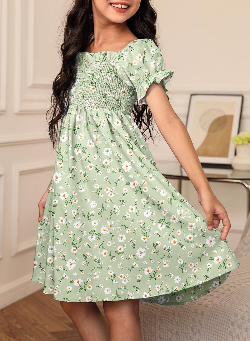 blibean Girls Summer Dresses Tween Kids Boho Clothes Floral Dress Casual Flower Short Sleeve Ruffled Clothing Vestidos NiÃ±as Size 8-9 Years Large Green - Image 4