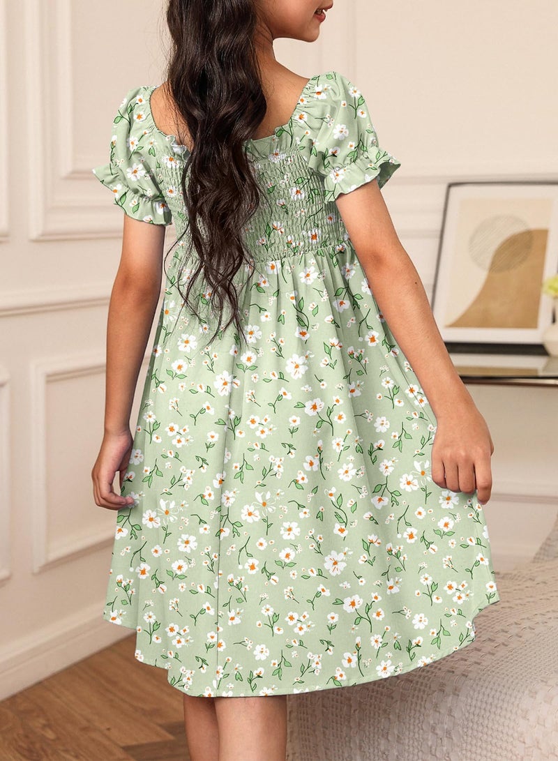 blibean Girls Summer Dresses Tween Kids Boho Clothes Floral Dress Casual Flower Short Sleeve Ruffled Clothing Vestidos NiÃ±as Size 8-9 Years Large Green - Image 3