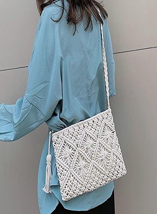 PARAH Women Small Cotton Crochet Cross-body Bag Bohemian Shoulder Bag Purse For Ladies (White) - Image 2