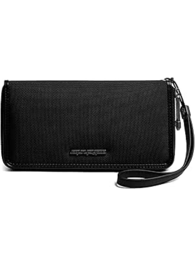 أركتيك هانتر محفظة Arctic Hunter طويلة للرجال مع صندوق هدايا، حامل جواز سفر بسحاب 1680D، جيب للعملات المعدنية، حزام معصم للنقود لدفتر الشيكات والنقود وبطاقات الائتمان وجواز السفر، لون أسود - Image 1