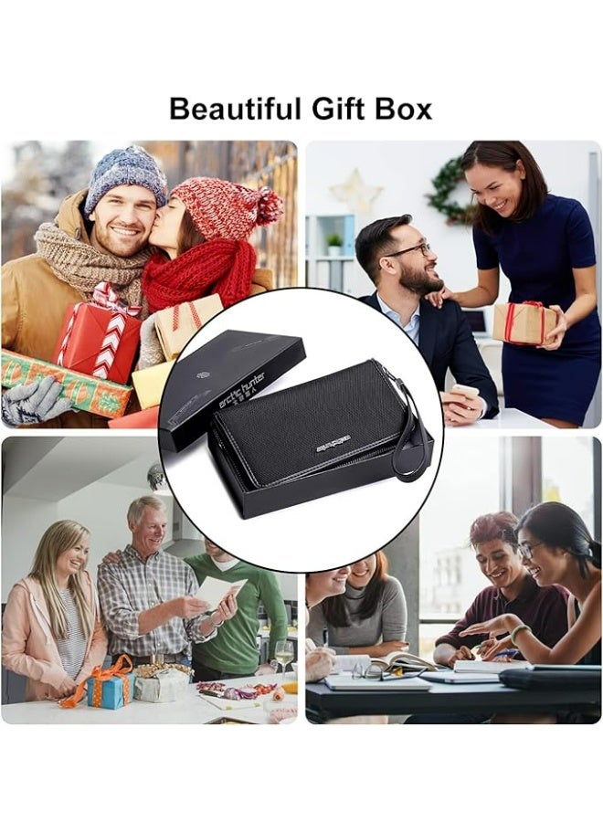 أركتيك هانتر محفظة Arctic Hunter طويلة للرجال مع صندوق هدايا، حامل جواز سفر بسحاب 1680D، جيب للعملات المعدنية، حزام معصم للنقود لدفتر الشيكات والنقود وبطاقات الائتمان وجواز السفر، لون أسود - Image 3