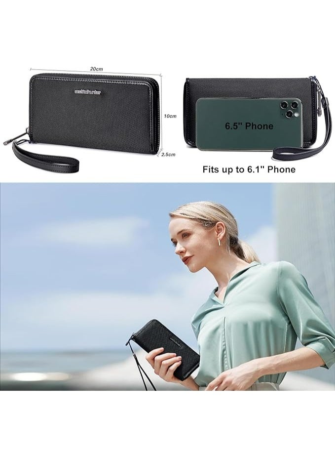 أركتيك هانتر محفظة Arctic Hunter طويلة للرجال مع صندوق هدايا، حامل جواز سفر بسحاب 1680D، جيب للعملات المعدنية، حزام معصم للنقود لدفتر الشيكات والنقود وبطاقات الائتمان وجواز السفر، لون أسود - Image 4