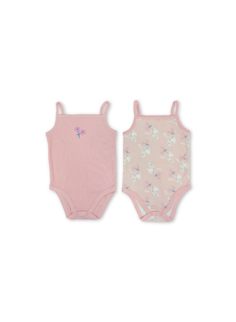 Baby Girls Cotton Sleeveless Bodysuit – Pink with Flowers Print - Image 1