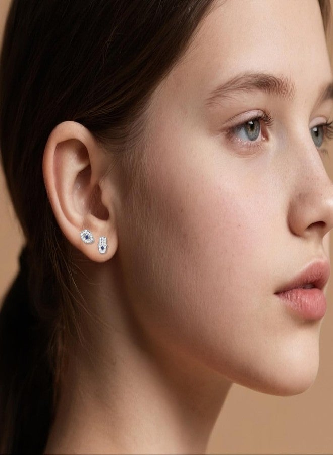 SLUYNZ Solid 925 Sterling Silver CZ Evil Eye Earrings Stud for Women Teen Girls Hamsa Hand Earrings Stud (A-Sterling Silver) - Image 2