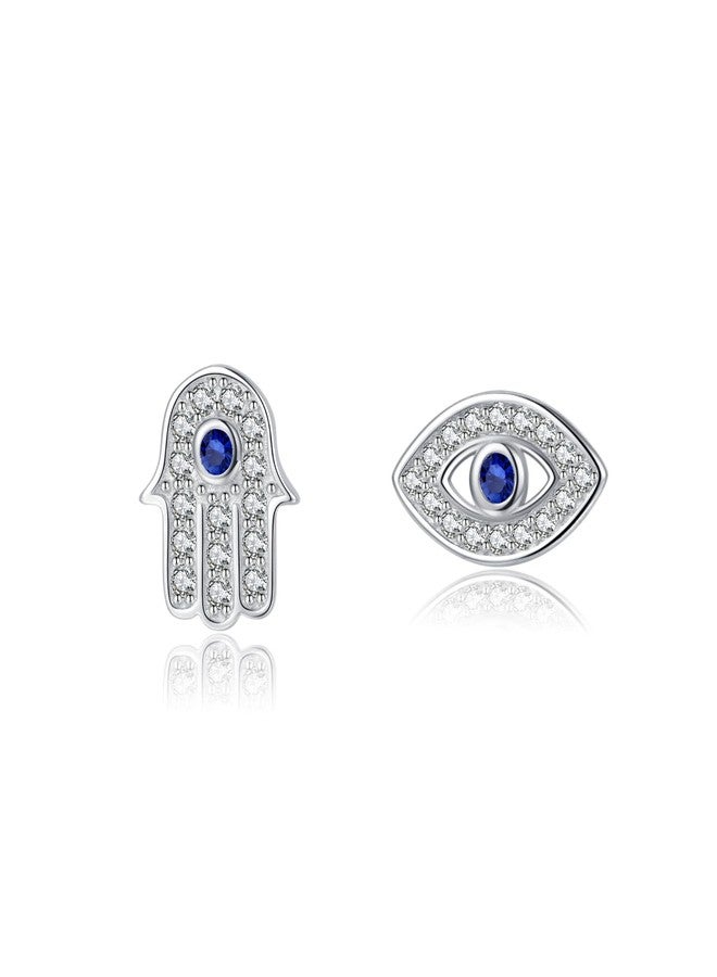 SLUYNZ Solid 925 Sterling Silver CZ Evil Eye Earrings Stud for Women Teen Girls Hamsa Hand Earrings Stud (A-Sterling Silver) - Image 1