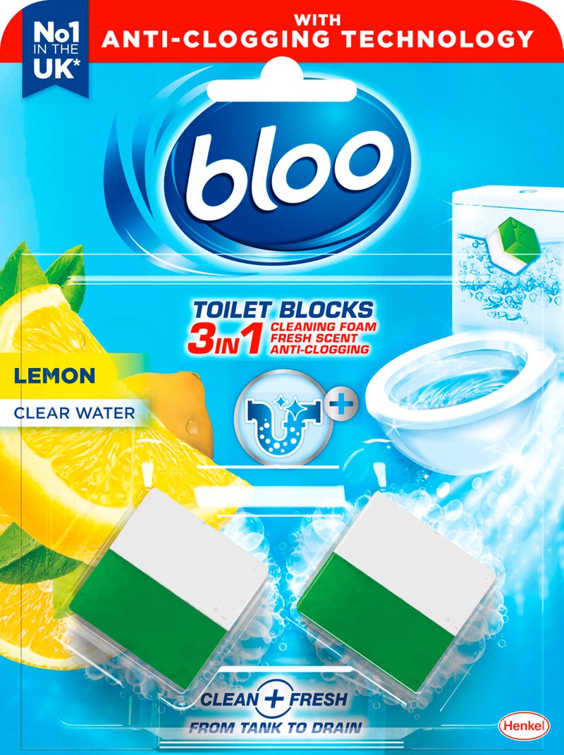 Bloo New Toilet Blocks, Pack of 2, Toilet Limescale Remover Cistern Block, Toilet Cleaner Block with Cleaning and Foaming Action, Toilet Fresheners, Lemon 2x50g - Image 1