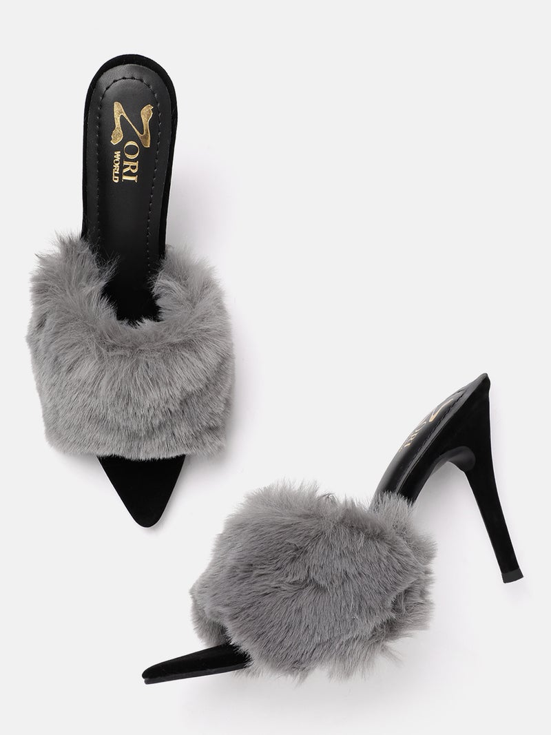 ZORIWORLD Panther Noir Grey Heels for Women - Faux Fur High Heels, 4 Inch Heel, PETA-approved Vegan - Image 2