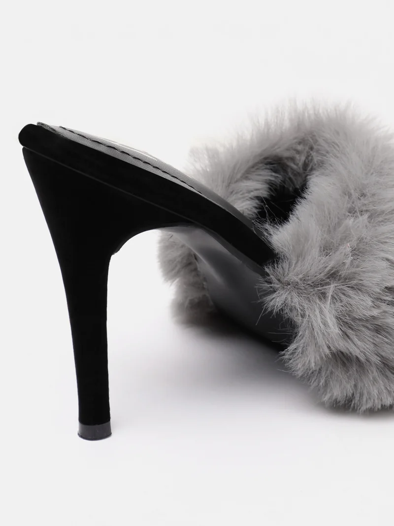 ZORIWORLD grey Panther Noir Grey Heels for Women - Faux Fur High Heels, 4 Inch Heel, PETA-approved Vegan for Women | Best Price UAE