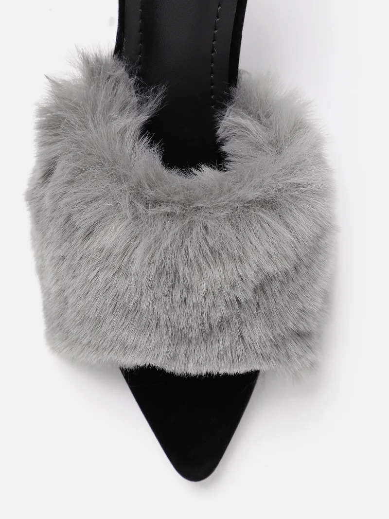 ZORIWORLD grey Panther Noir Grey Heels for Women - Faux Fur High Heels, 4 Inch Heel, PETA-approved Vegan for Women | Best Price UAE