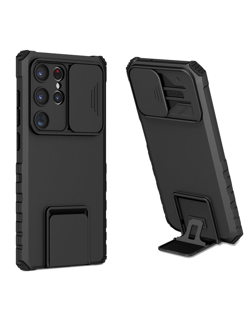 Shockproof Phone Case with Kickstand Built in Slide Camera Lens Cover, Black TPU Protective Phone Case for Sumsang S24 Ultra (6.8 in)