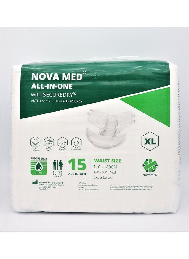 NOVAMED Nova Med All in Ones Incontinence Pads, Adult Nappies - 15 per Pack (X-Large) - 2880ml Absorbency - Image 1