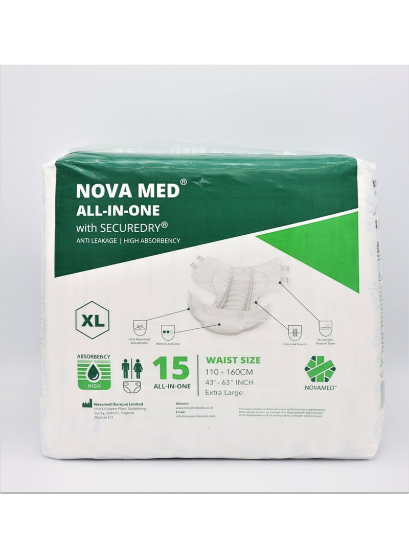 NOVAMED Nova Med All in Ones Incontinence Pads, Adult Nappies - 15 per Pack (X-Large) - 2880ml Absorbency - Image 2