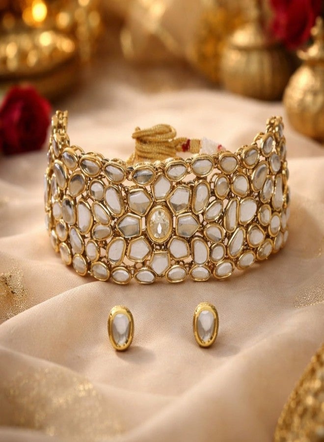 ACCESSHER Gold Plated Kundan Choker Necklace Set with Earrings | Bridal Necklace Jewelry Set | Traditional Choker set for Women and Grils - Image 3