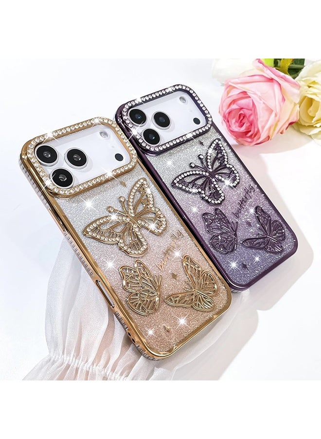 با لوف غطاء لامع لهاتف iPhone 17 Pro Max، نقش فراشة ثلاثي الأبعاد لطيف مع طلاء لامع، غطاء خلفي ناعم نحيف ولامع مع حماية للكاميرا للنساء والفتيات، ذهبي - Image 2