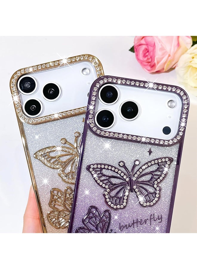 با لوف غطاء لامع لهاتف iPhone 17 Pro Max، نقش فراشة ثلاثي الأبعاد لطيف مع طلاء لامع، غطاء خلفي ناعم نحيف ولامع مع حماية للكاميرا للنساء والفتيات، ذهبي - Image 3