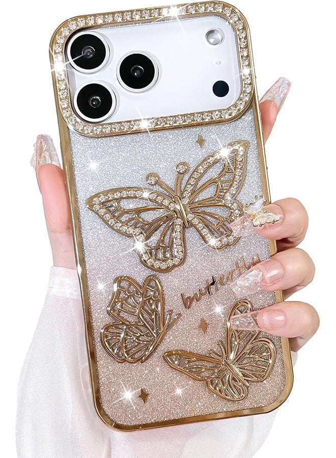با لوف غطاء لامع لهاتف iPhone 17 Pro Max، نقش فراشة ثلاثي الأبعاد لطيف مع طلاء لامع، غطاء خلفي ناعم نحيف ولامع مع حماية للكاميرا للنساء والفتيات، ذهبي - Image 1