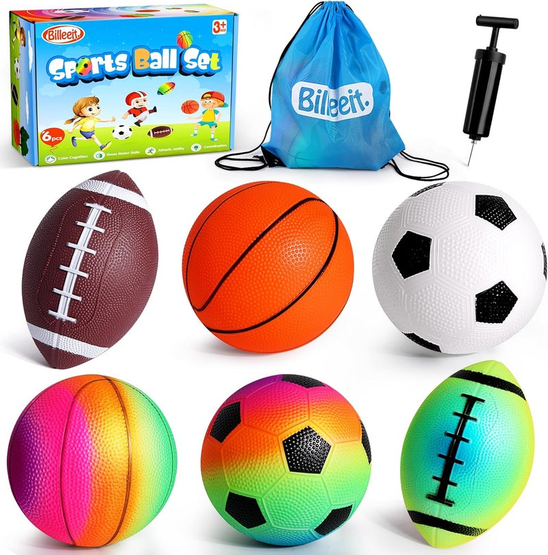 Billeeit Small Sports Balls for Toddler Pack of 6, 2 Each of 5" Football, Basketball, Soccer for Playground, Toy Balls Inflatable Multi-Sport Ball Set with 1 Pump for Indoor and Outdoor Activities - Image 1