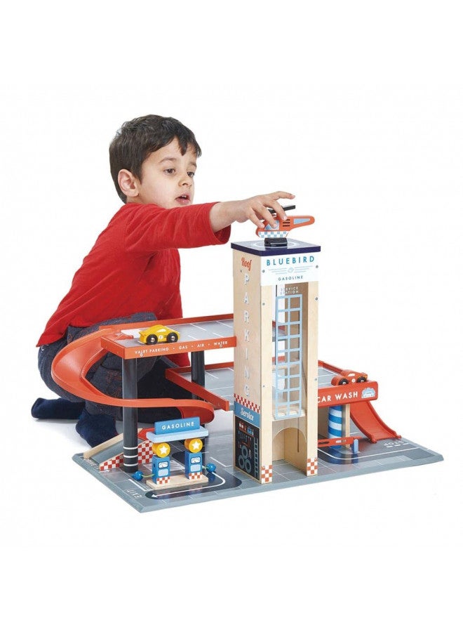 Tender Leaf Toys - Blue Bird Service Station - Classic Wooden Garage and Service Station for Cars and Helicopter with Ramps, Petrol Pumps and Car Wash Center - Imaginary and Roleplay for Children 3+ - Image 1