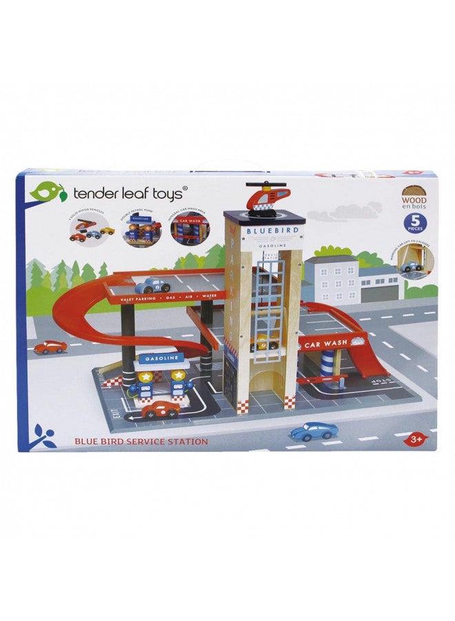 Tender Leaf Toys - Blue Bird Service Station - Classic Wooden Garage and Service Station for Cars and Helicopter with Ramps, Petrol Pumps and Car Wash Center - Imaginary and Roleplay for Children 3+ - Image 2