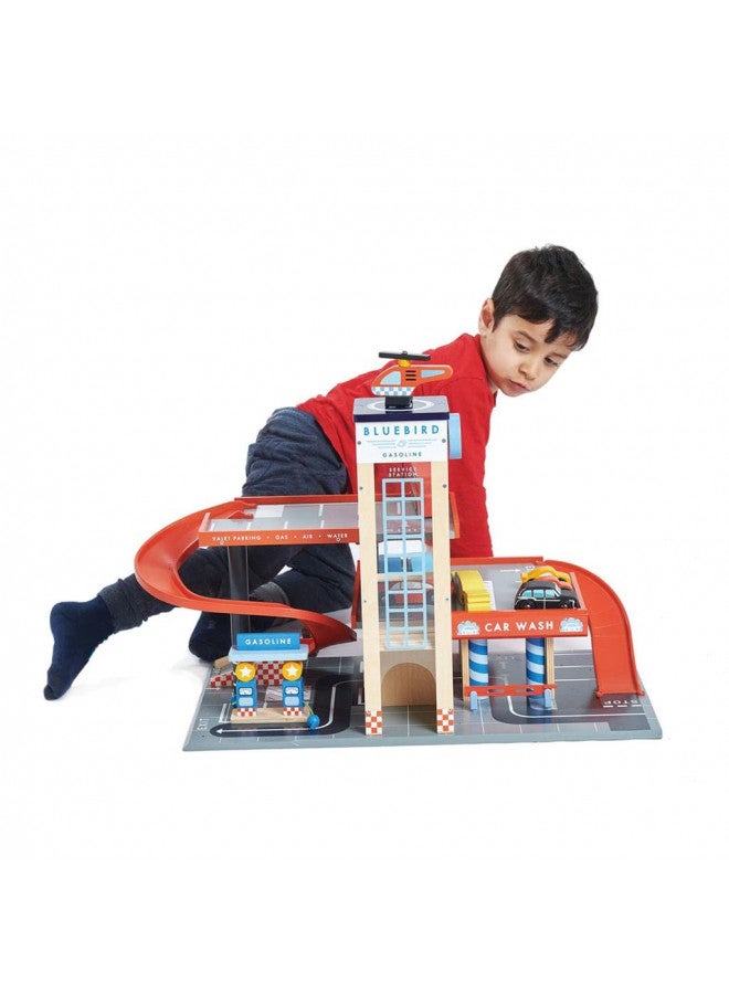 Tender Leaf Toys - Blue Bird Service Station - Classic Wooden Garage and Service Station for Cars and Helicopter with Ramps, Petrol Pumps and Car Wash Center - Imaginary and Roleplay for Children 3+ - Image 4