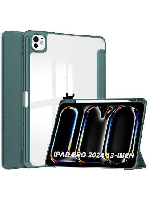 iPad Pro (7th Generation) 13-Inch (M4) 2024 Case, Hybrid Slim Trifold Stand Tablet Case with Apple Pencil Holder, Auto Wake Sleep, Smart Magnetic Cover Clear Acrylic Back Shockproof Case, Green