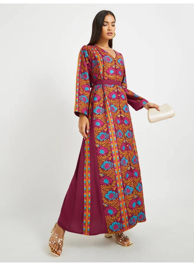 Maxim Creation Maxim Creation Embroidered V Neck Belted Jalabiya