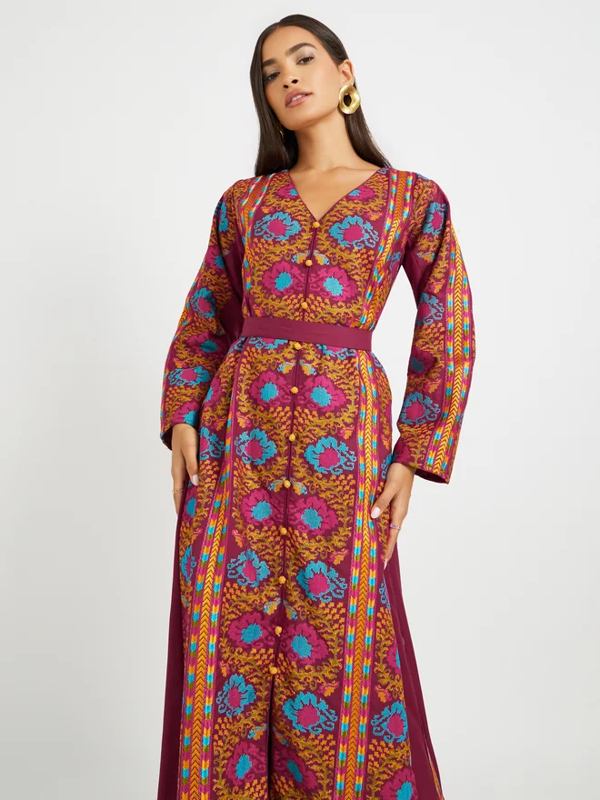 Maxim Creation Maxim Creation Embroidered V Neck Belted Jalabiya