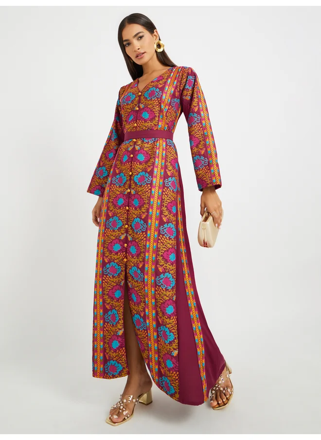 Maxim Creation Maxim Creation Embroidered V Neck Belted Jalabiya