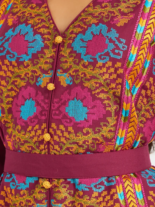 Maxim Creation Maxim Creation Embroidered V Neck Belted Jalabiya